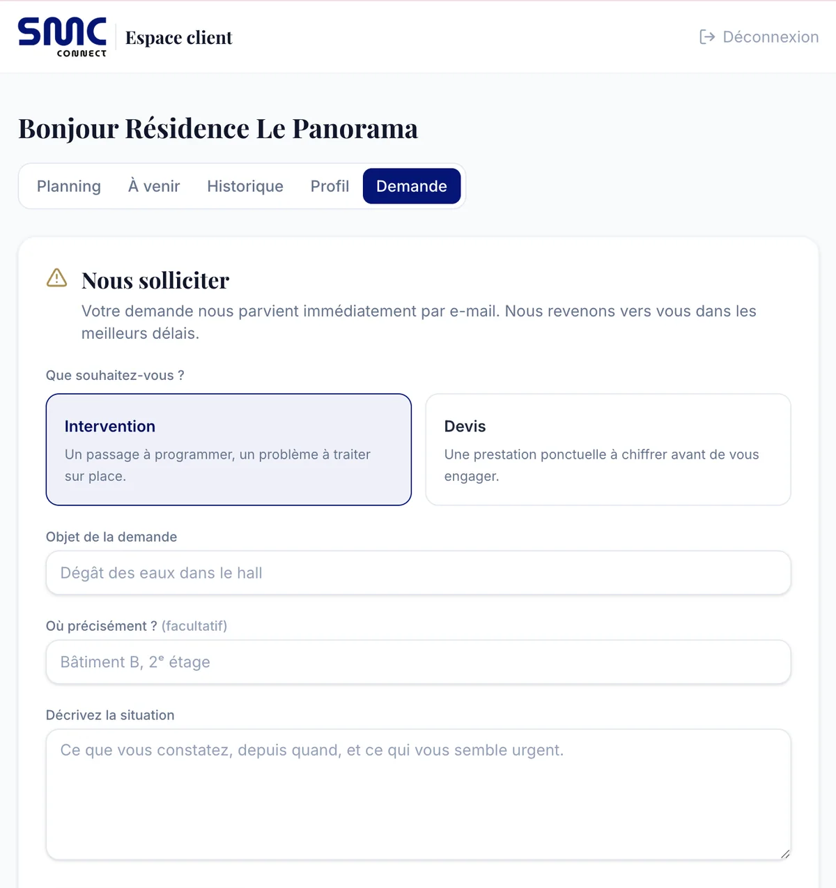 Espace client SMC Connect — formulaire de demande d'intervention ou de devis