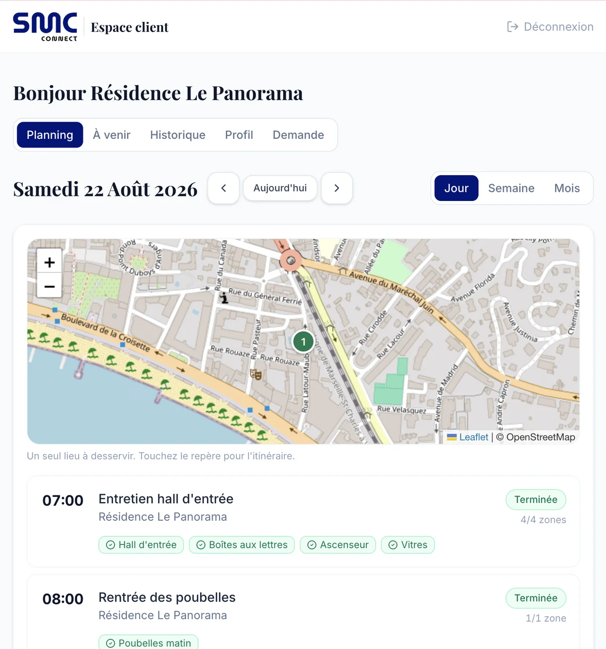 Espace client SMC Connect — interventions terminées avec le détail des zones validées