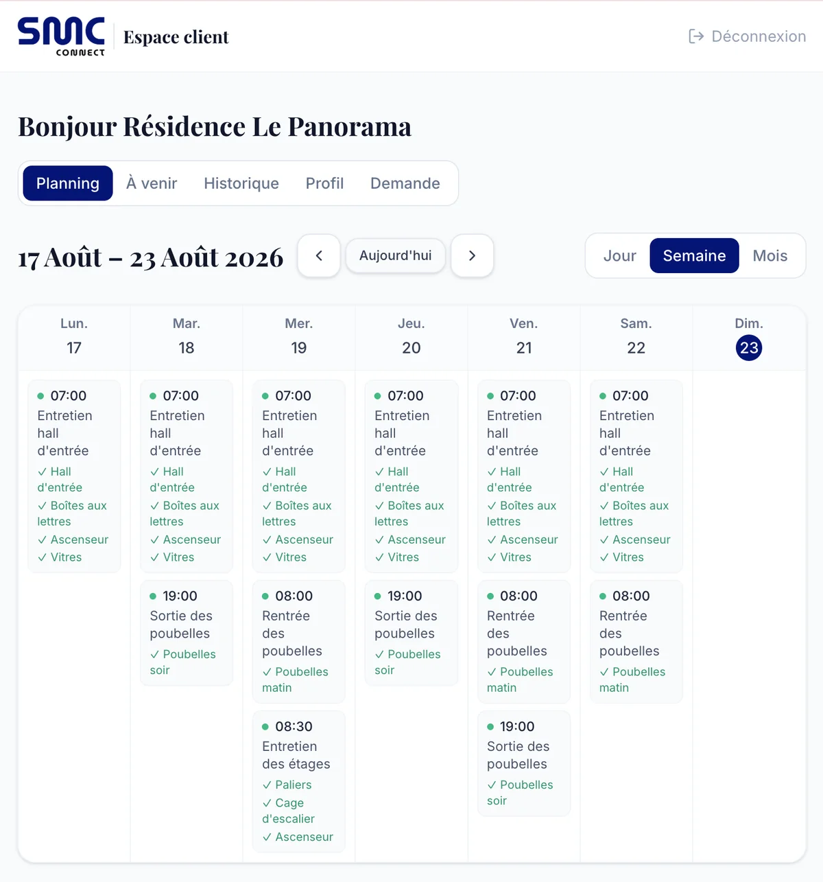 Espace client SMC Connect — planning hebdomadaire des interventions avec les zones traitées